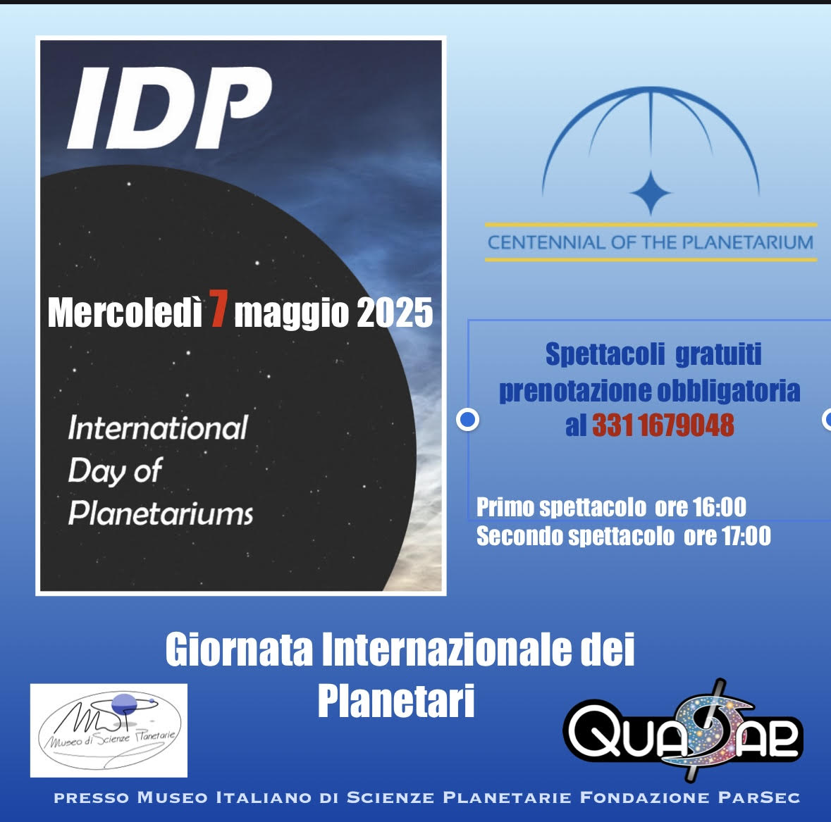 Giornata internazionale dei planetari Spettacoli gratuiti con Quasar il 7 maggio